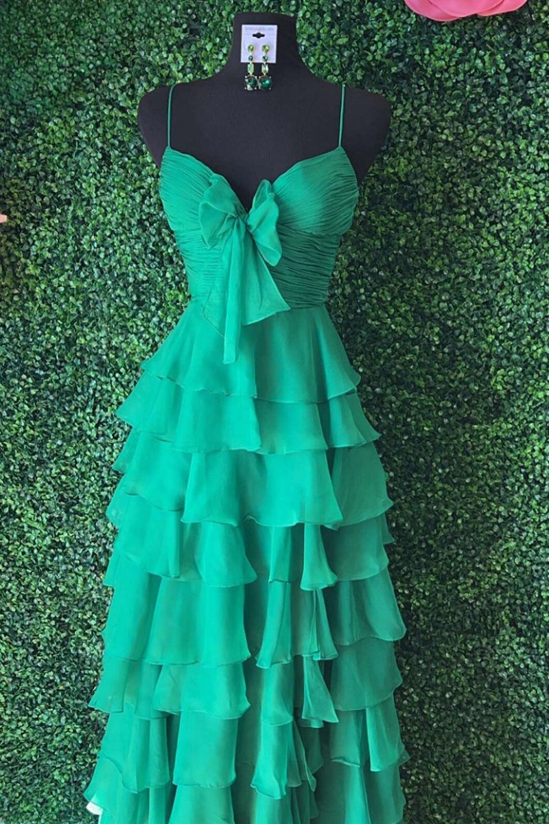 A-line Spaghetti Straps Long Prom Dresses with Ruffles