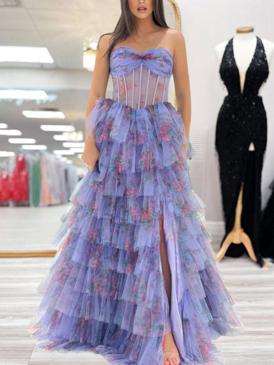 Strapless A-line Tulle Printed Ruffle Tie Prom Dresses with Slit