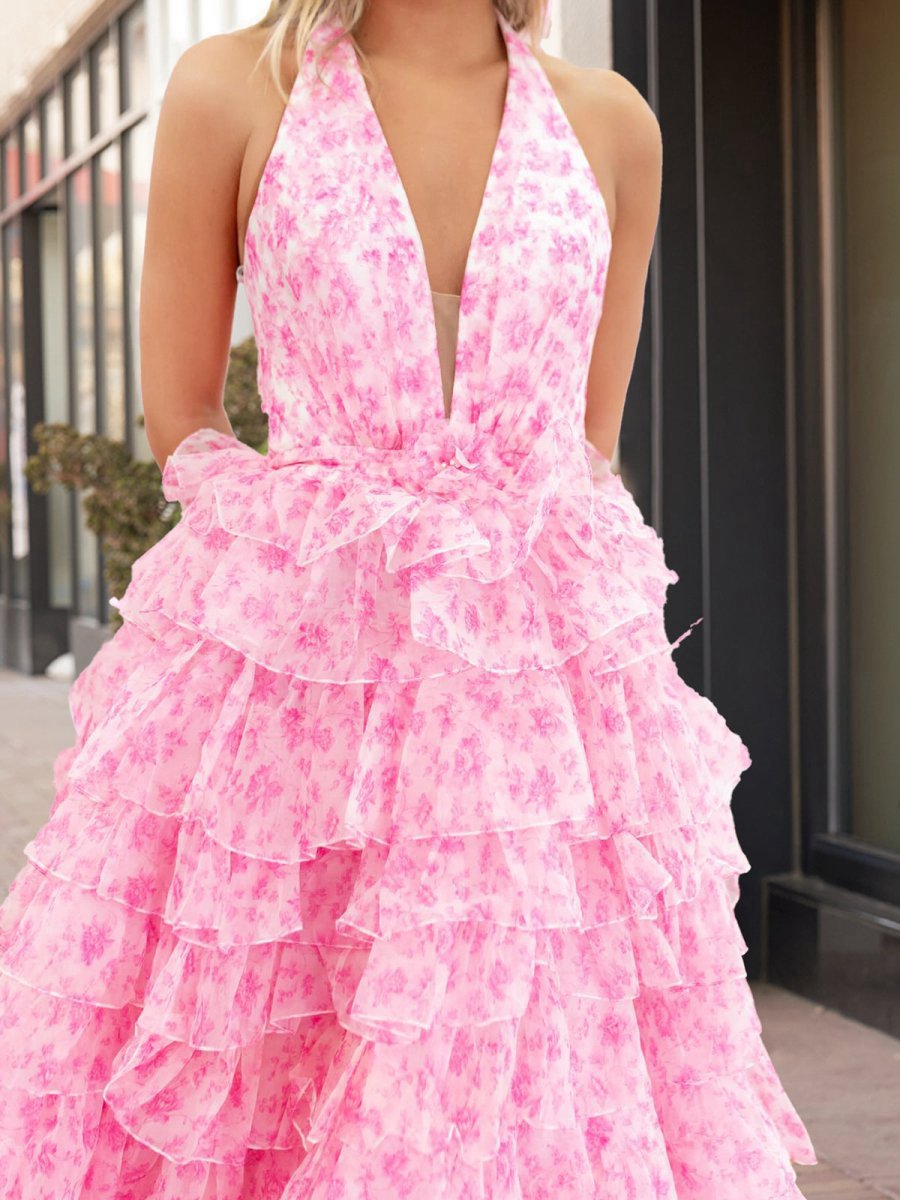Halter Tulle Printed Ruffle Tie A-line Prom Dresses