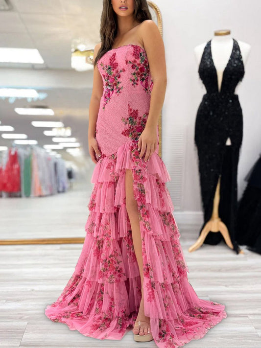 Strapless Sequins Floral Printed Ruffle Tie Mermaid Prom Dresses with Slit
