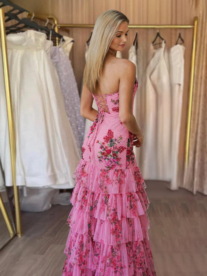 Strapless Sequins Floral Printed Ruffle Tie Mermaid Prom Dresses with Slit