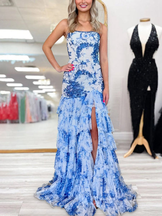 Strapless Beaded Ruffle Tie Mermaid Prom Dresses with Slit
