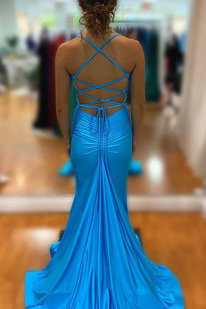 Mermaid Spaghetti Straps Satin Long Prom Dresses with Criss Cross Back