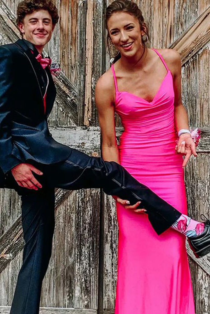 Mermaid Spaghetti Straps Satin Long Prom Dresses with Criss Cross Back