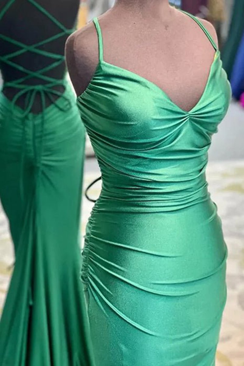 Mermaid Spaghetti Straps Satin Long Prom Dresses with Criss Cross Back