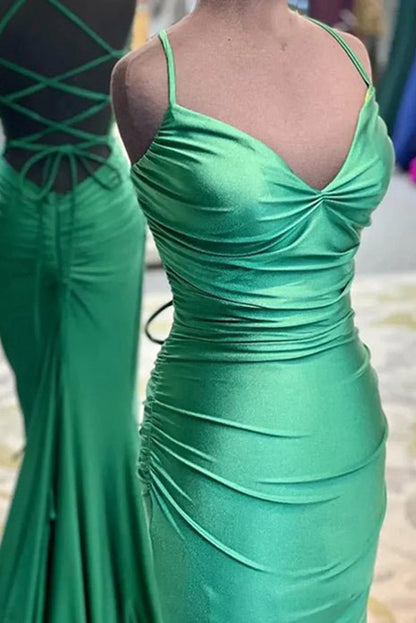 Mermaid Spaghetti Straps Satin Long Prom Dresses with Criss Cross Back