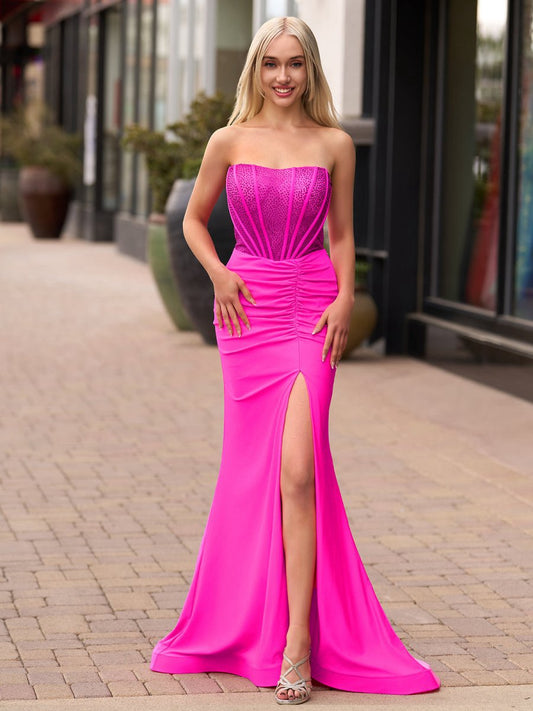 Mermaid Strapless Satin Long Prom Dresses with Beading