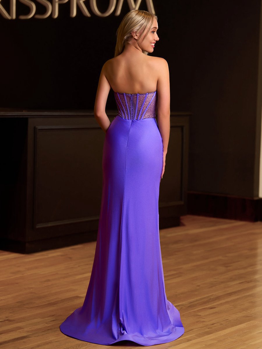 Mermaid Strapless Satin Long Prom Dresses with Beading