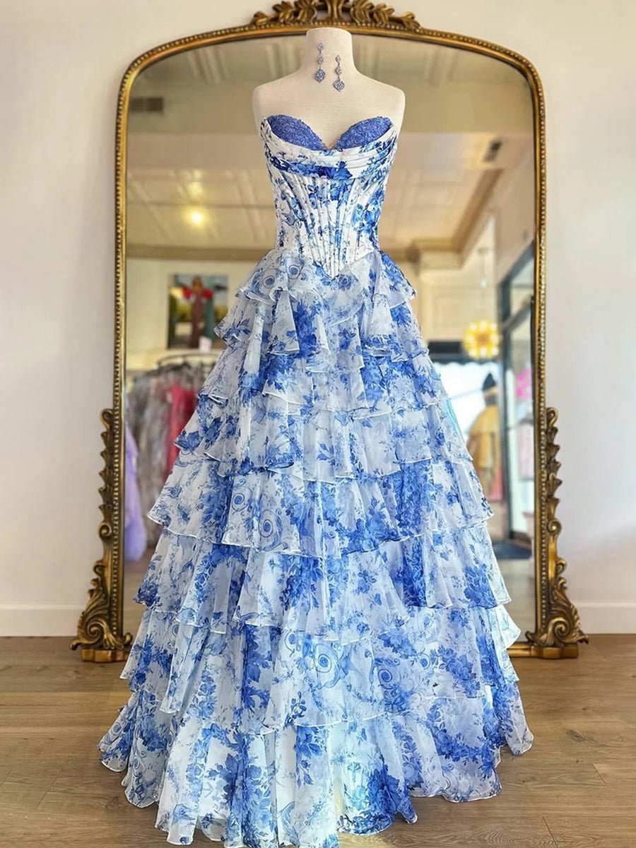 A-line Floral Tie Chiffon Long Corset Prom Dresses with Slit