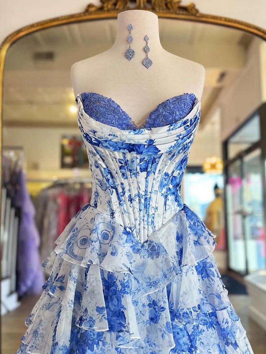 A-line Floral Tie Chiffon Long Corset Prom Dresses with Slit