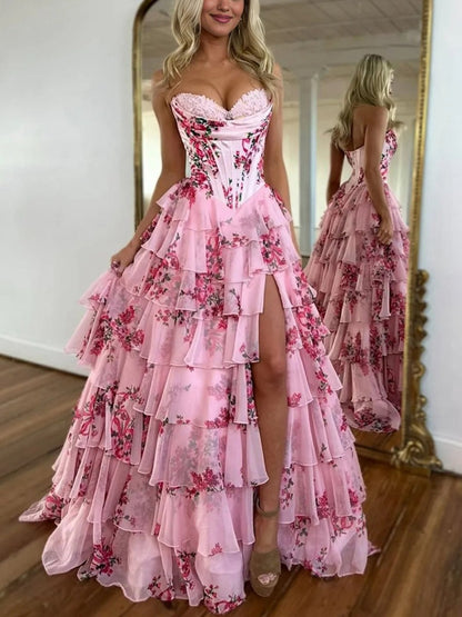 A-line Floral Tie Chiffon Long Corset Prom Dresses with Slit