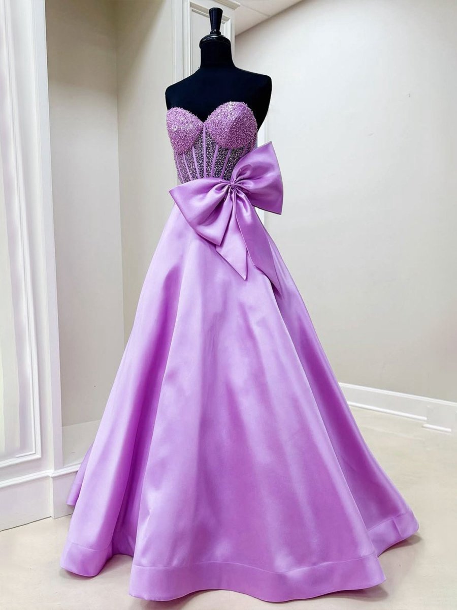 A-line Sweetheart Beaded Long Prom Dresses with Bow