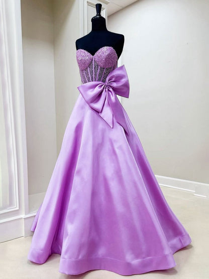 A-line Sweetheart Beaded Long Prom Dresses with Bow
