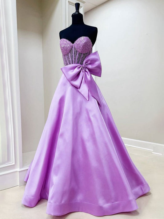 A-line Sweetheart Beaded Long Prom Dresses with Bow