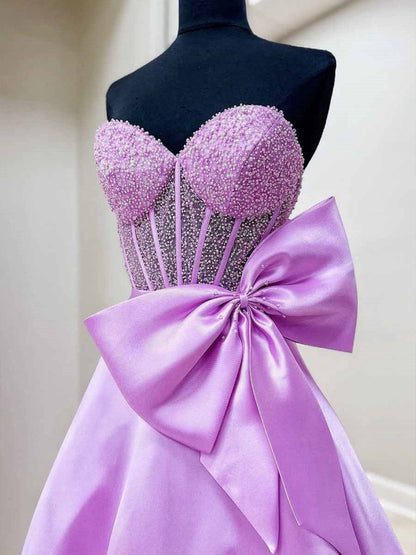 A-line Sweetheart Beaded Long Prom Dresses with Bow