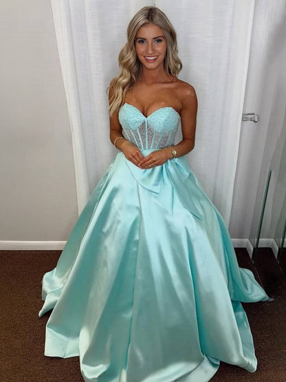A-line Sweetheart Beaded Long Prom Dresses with Bow
