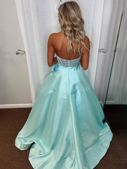 A-line Sweetheart Beaded Long Prom Dresses with Bow