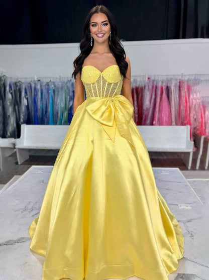 A-line Sweetheart Beaded Long Prom Dresses with Bow
