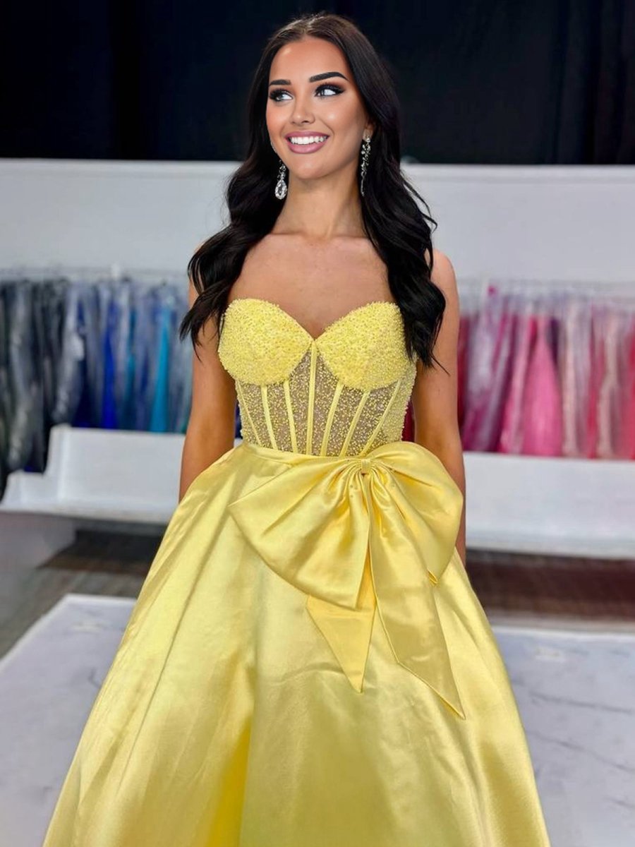A-line Sweetheart Beaded Long Prom Dresses with Bow