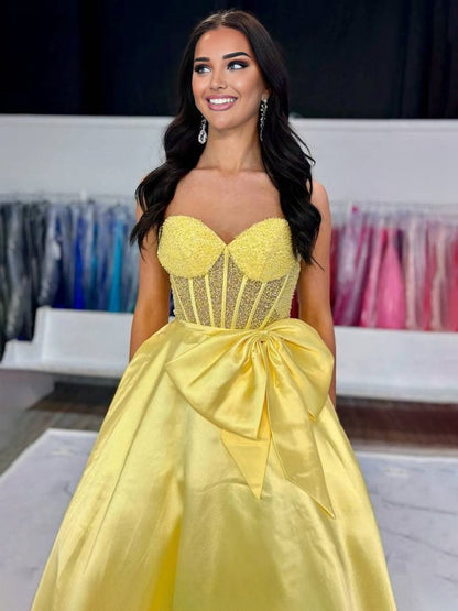 A-line Sweetheart Beaded Long Prom Dresses with Bow