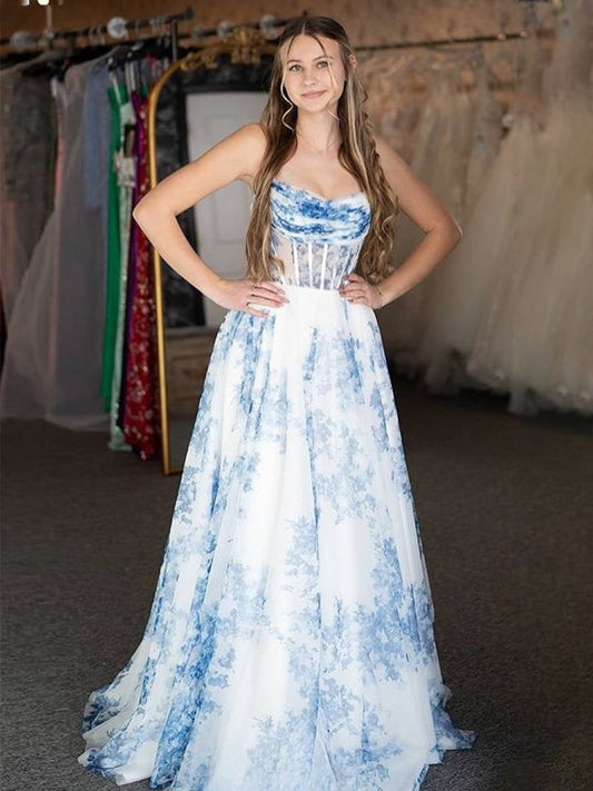 A-line Strapless Floral Print Long Prom Dresses