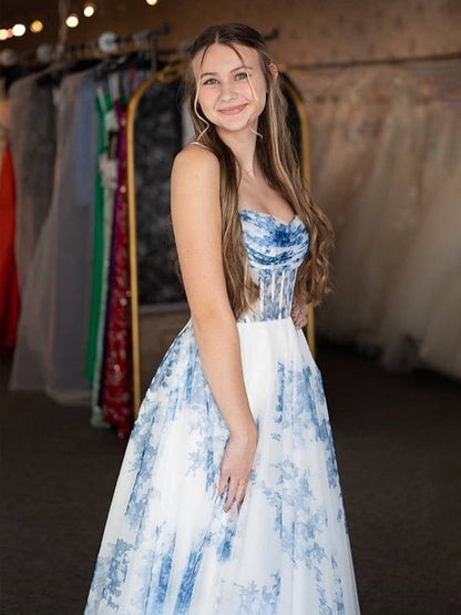 A-line Strapless Floral Print Long Prom Dresses