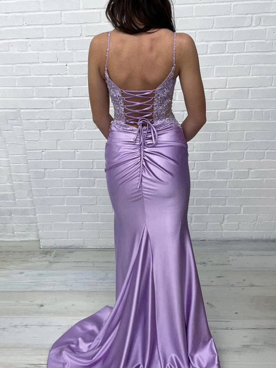 Mermaid V Neck Satin Long Prom Dresses with Appliques