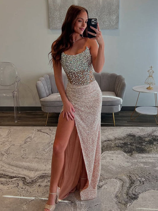 Mermaid Strapless Sequins Long Prom Dresses with Slit