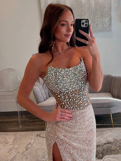 Mermaid Strapless Sequins Long Prom Dresses with Slit