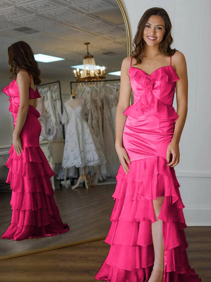 Mermaid V-Neck Ruffle Chiffon Long Prom Dresses with Flower