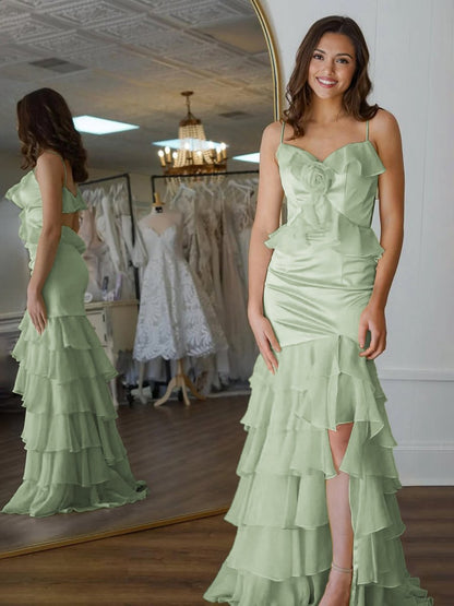 Mermaid V-Neck Ruffle Chiffon Long Prom Dresses with Flower