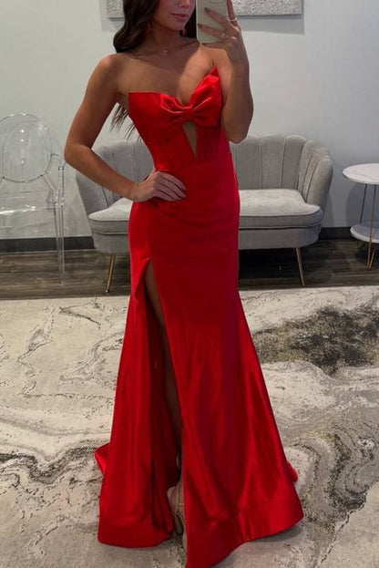 Mermaid V-Neck Bow Satin Pleated Slit Long Prom Dresses