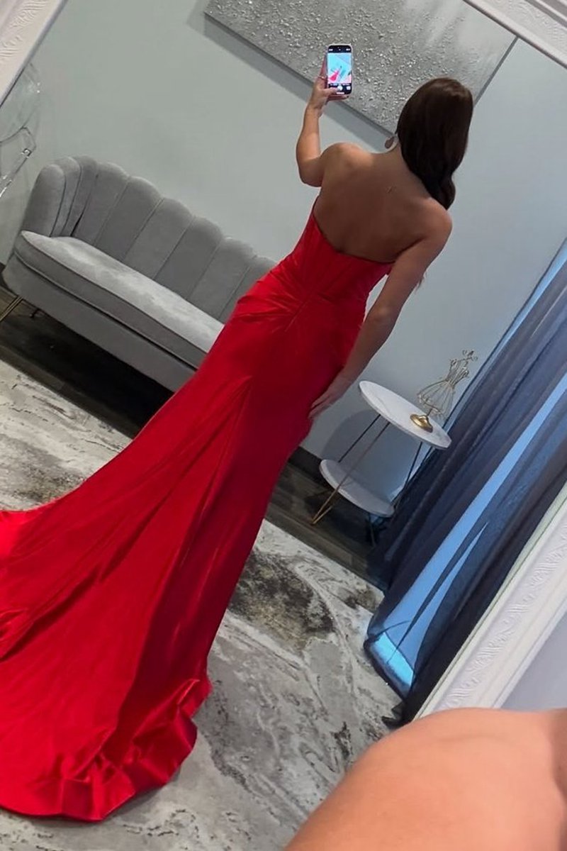 Mermaid V-Neck Bow Satin Pleated Slit Long Prom Dresses