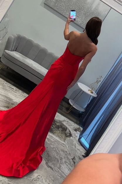 Mermaid V-Neck Bow Satin Pleated Slit Long Prom Dresses
