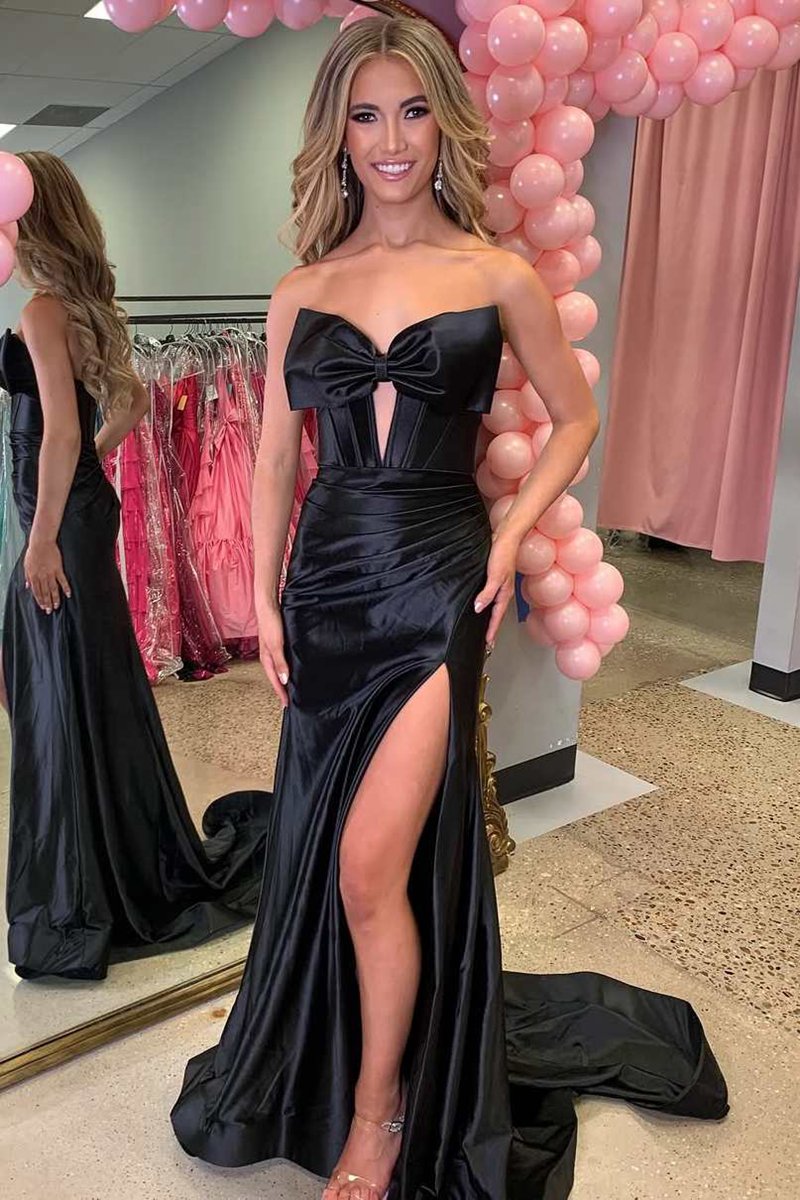 Mermaid V-Neck Bow Satin Pleated Slit Long Prom Dresses