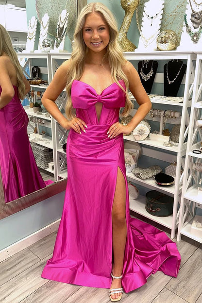 Mermaid V-Neck Bow Satin Pleated Slit Long Prom Dresses