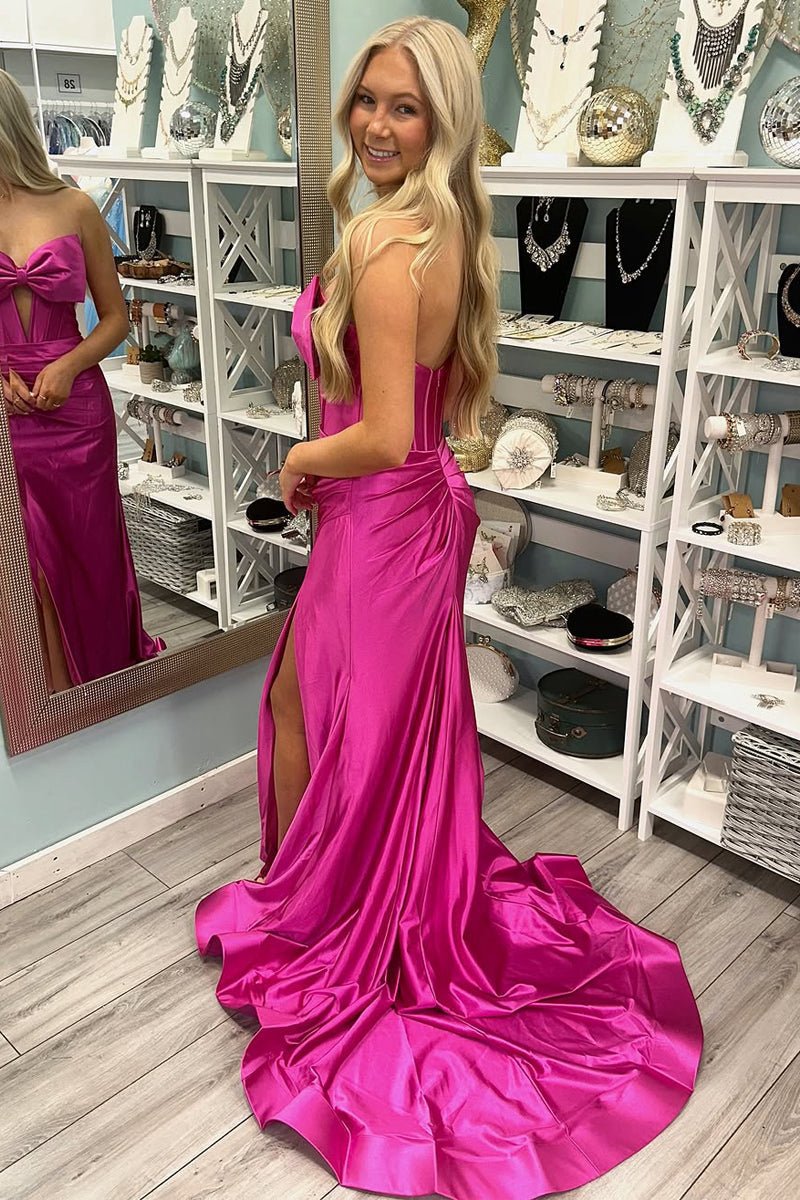 Mermaid V-Neck Bow Satin Pleated Slit Long Prom Dresses
