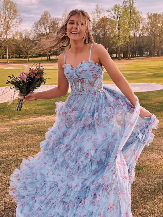 A-line Floral Corset Tulle Ruffles Long Prom Dresses