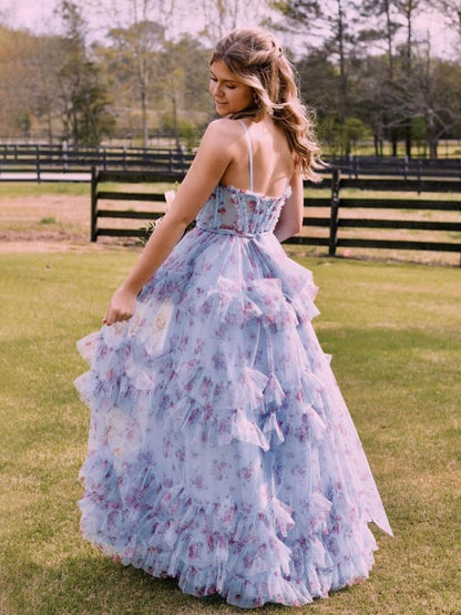 A-line Floral Corset Tulle Ruffles Long Prom Dresses