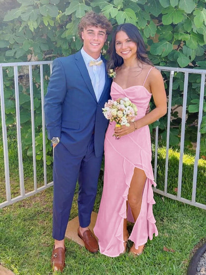 V-Neck Chiffon Ruffles Long Prom Dresses with Slit