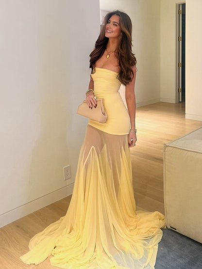 Strapless Chiffon Mermaid Long Prom Dresses