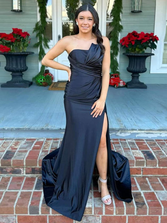 Mermaid Pleats Strapless Long Prom Dresses with Slit