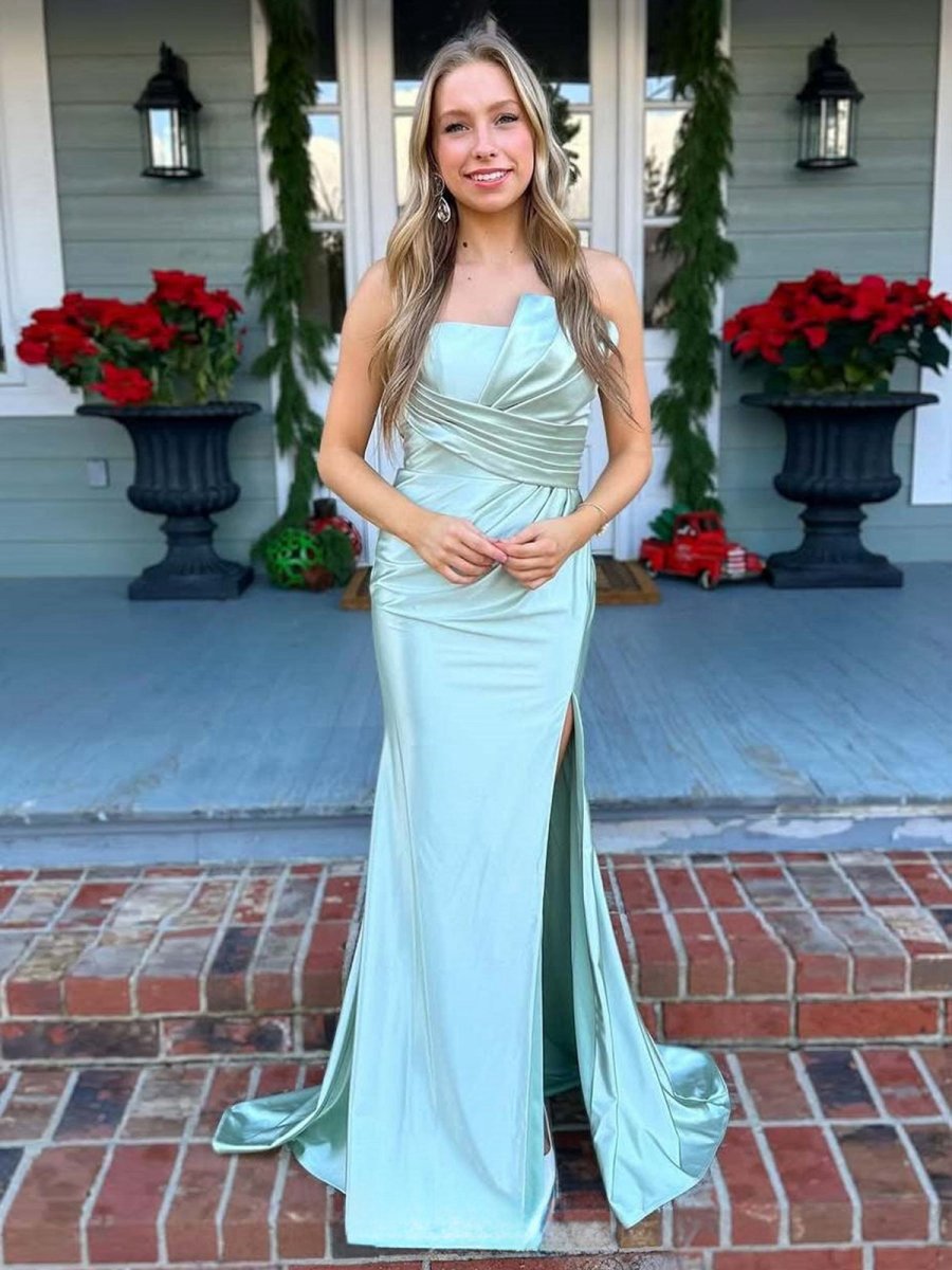 Mermaid Pleats Strapless Long Prom Dresses with Slit