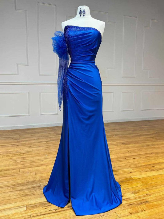 Mermaid Strapless Beaded Ruched Long Prom Dresses with Sleeve