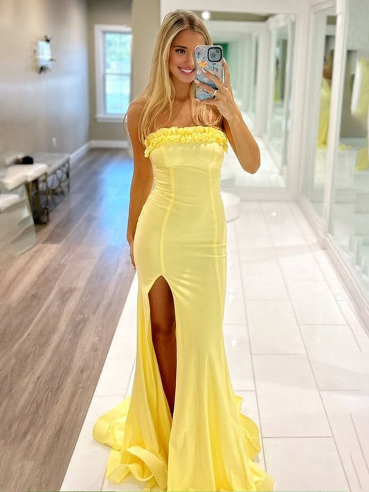 Mermaid Ruffles Strapless Mermaid Long Prom Dresses with Slit