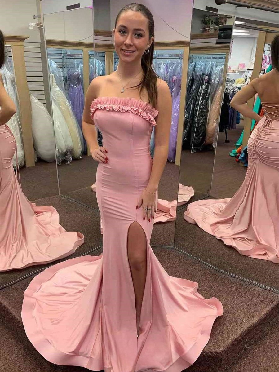 Mermaid Ruffles Strapless Mermaid Long Prom Dresses with Slit