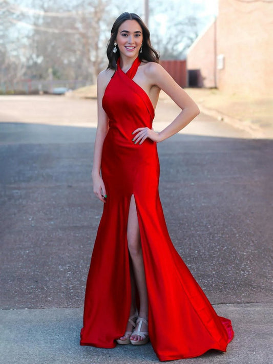 Halter Satin Mermaid Long Prom Dresses with Slit