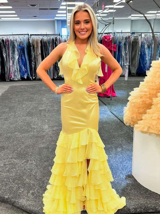 V Neck Satin Mermaid Ruffles Long Prom Dresses