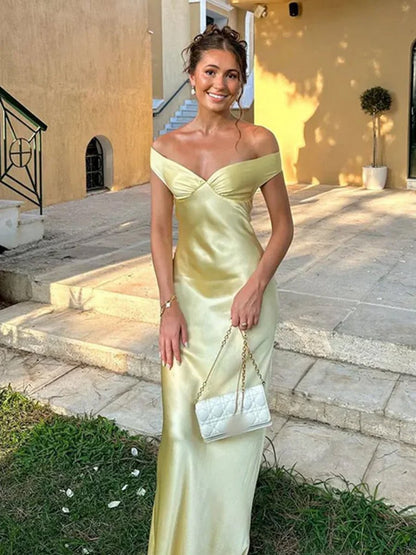 Off the Shoulder Sheath Satin Long Prom Dresses