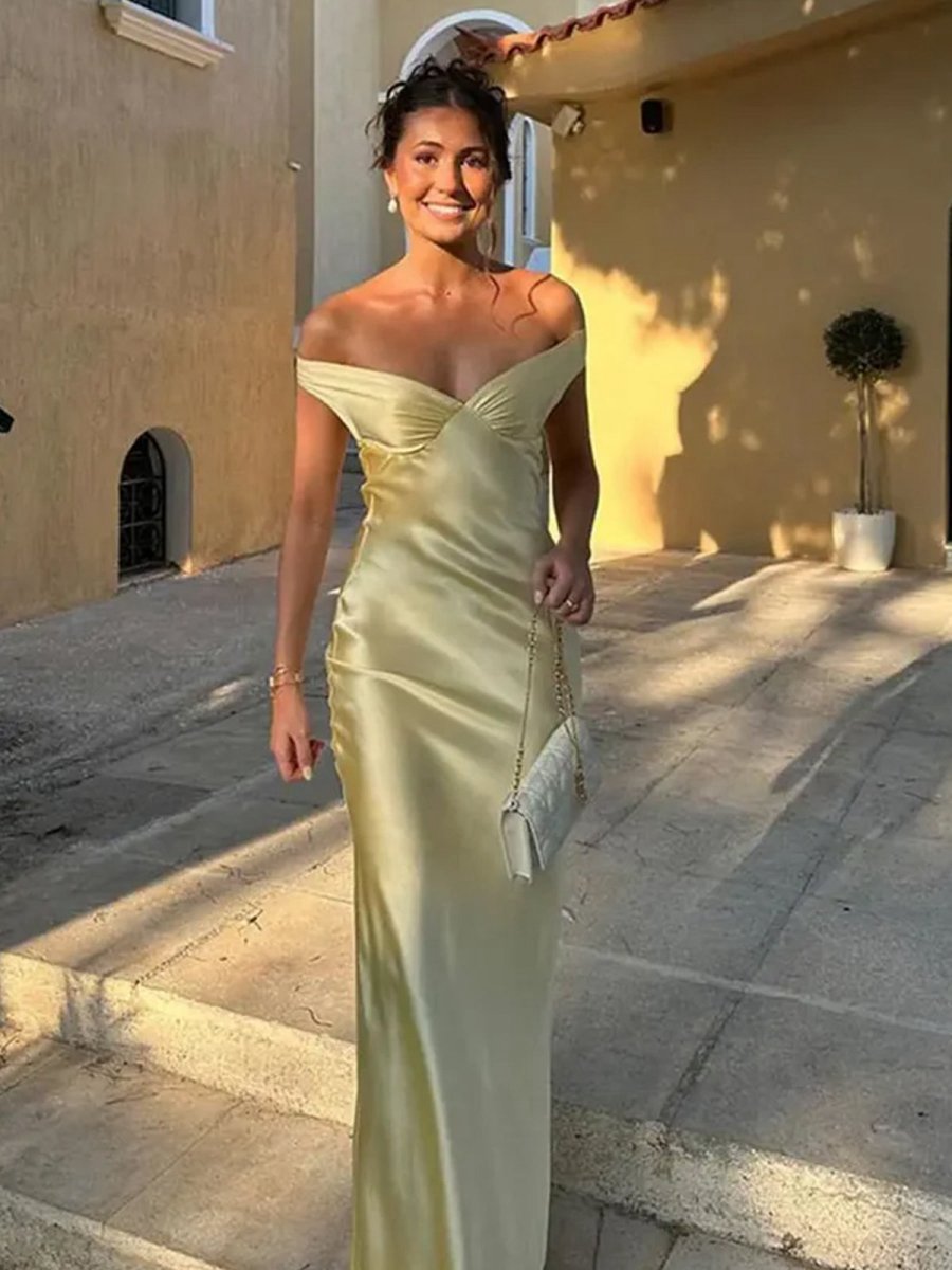 Off the Shoulder Sheath Satin Long Prom Dresses
